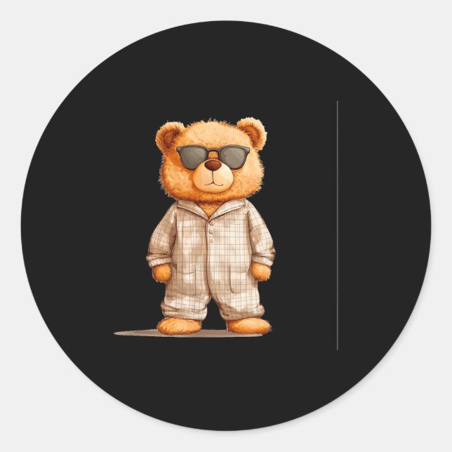 Sticker Rond Funny Sungles Teddy Bear In Pajama Costume Design  (Devant)