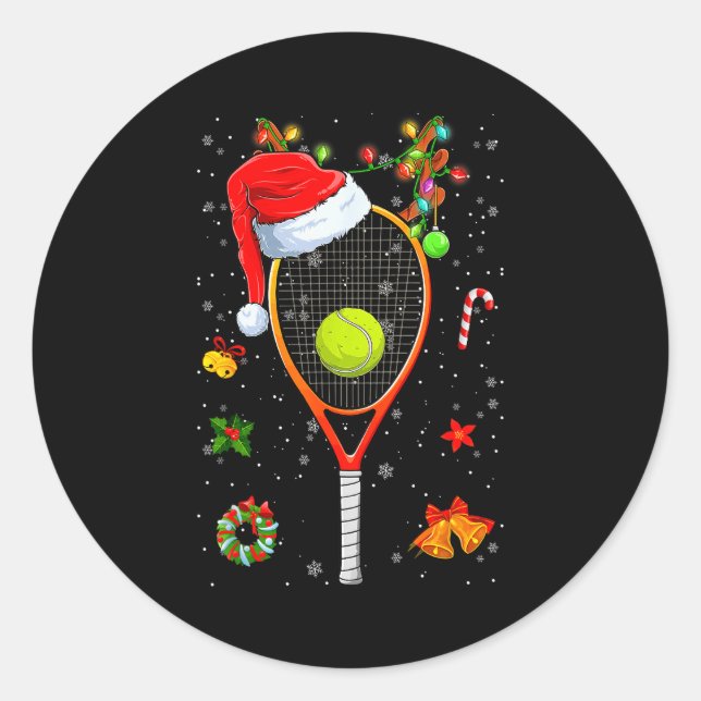 Sticker Rond Funny Tennis Racket Reindeer Santa Hat Christmas L (Devant)