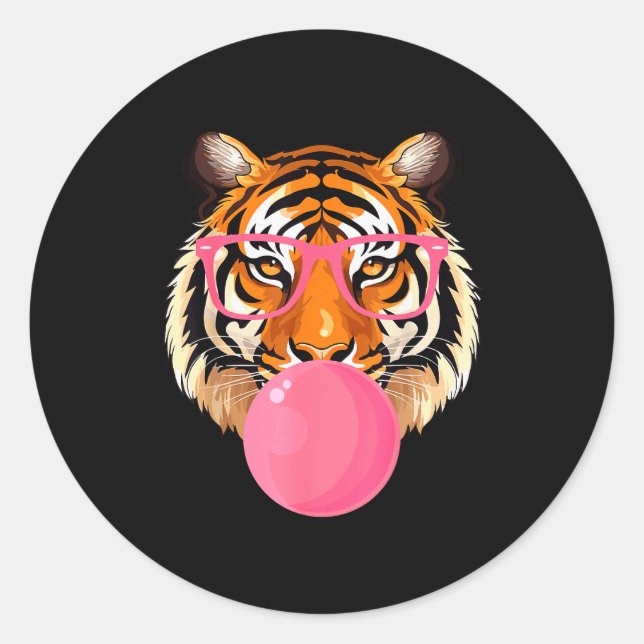 Sticker Rond Funny Tiger Gles Blowing Bubble Gum Cute Tiger Fac (Devant)