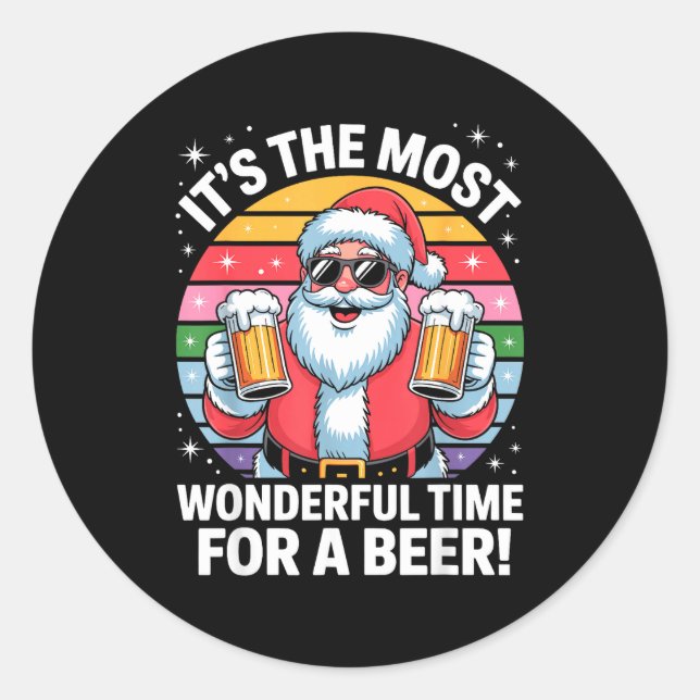 Sticker Rond Funny Time For A Beer Santa Christmas  (Devant)