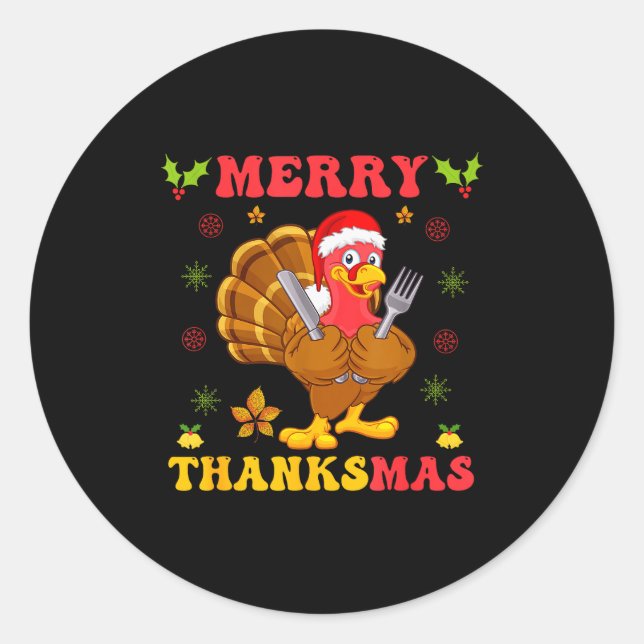 Sticker Rond Funny Turkey Santa Merry Thanksmas Christmas Thank (Devant)