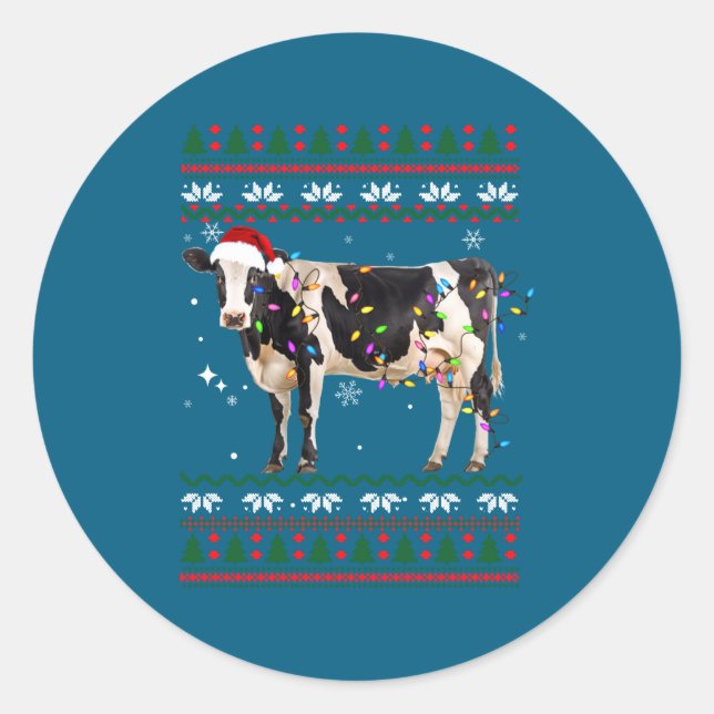 Sticker Rond Funny Ugly Xmas Sweater Dairy Cow Farmer Lights Ch (Devant)