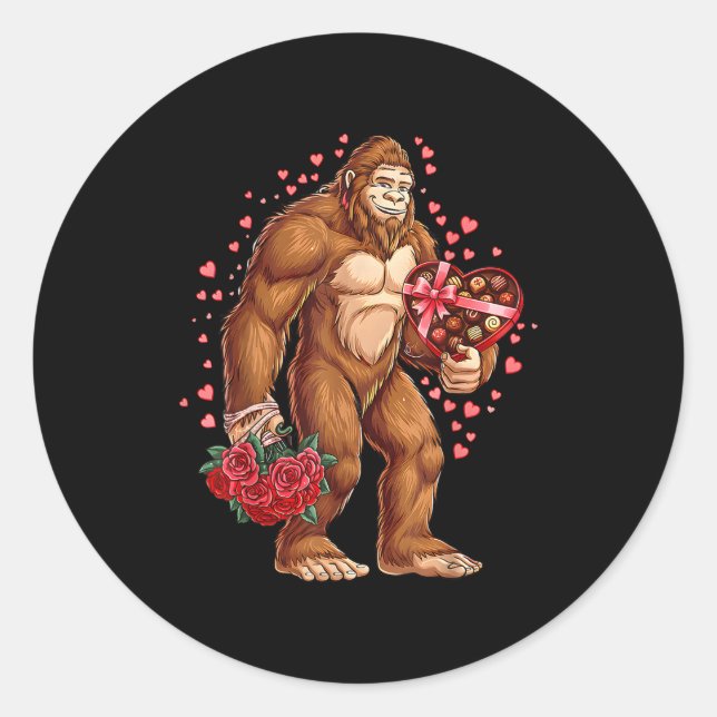 Sticker Rond Funny Valentines Day Bigfoot Heart Love Sasquatch  (Devant)