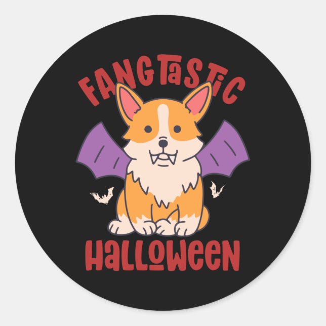Sticker Rond Funny Vampire Corgi Dog Lover Fangtastic Halloween (Devant)