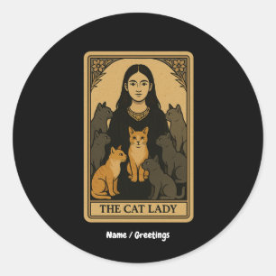 Sticker Rond Funny Witchy Gothique Chat Lady Tarot Carte Magiqu