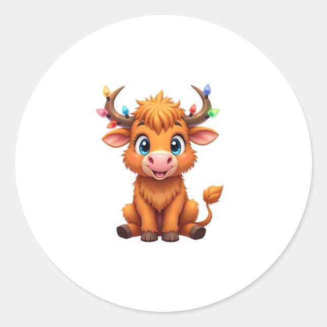 Sticker Rond Funny Xmas Cow Lights Boys Girls Cute Highland Cow (Devant)