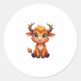 Sticker Rond Funny Xmas Cow Lights Boys Girls Cute Highland Cow