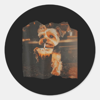 Sticker Rond Funny Yorkie Drinking Iced Coffee Cute Dog Meme