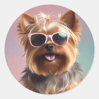 Sticker Rond Funny Yorkshire Terrier Avec Lunettes De Soleil