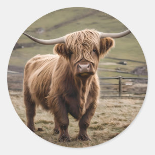 Sticker Rond **"Furry Majesty : The Woolly Brown Highland Cow"*