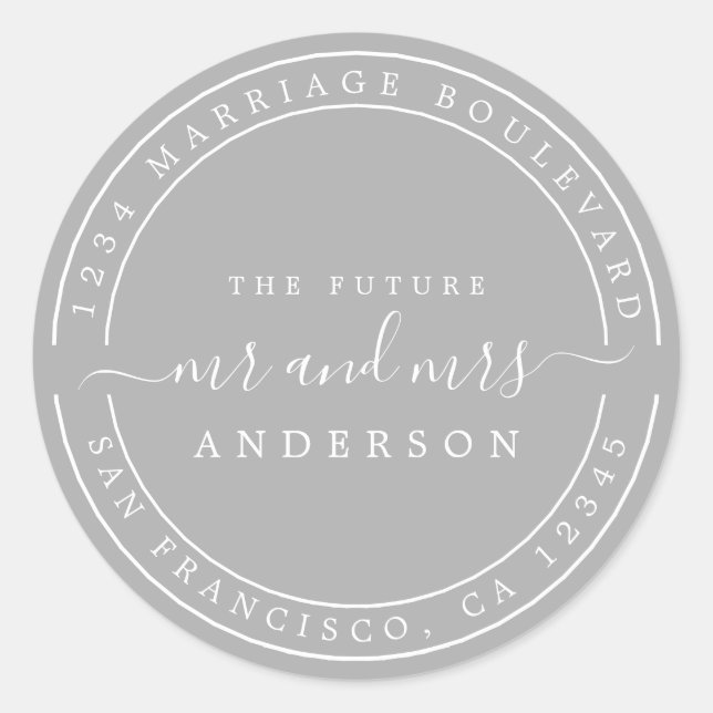 Sticker Rond Futur M. Mme Adresse de Retour de Mariage Chic Gri (Devant)