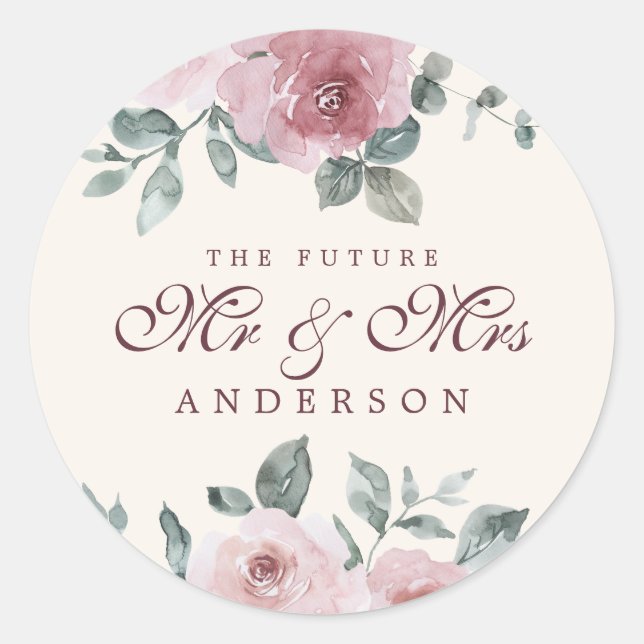 Sticker Rond Futur M. Mme Fleurs Poussiéreuses Rose Bourgogne I (Devant)