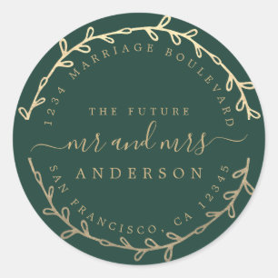 Sticker Rond Futur M. Mme Gold Wreath Mariage Adresse de retour