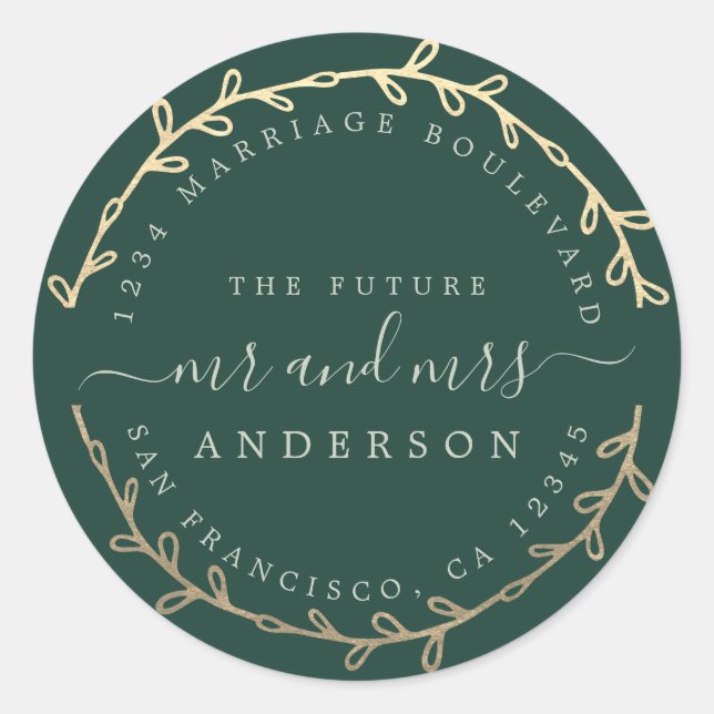 Sticker Rond Futur M. Mme Gold Wreath Mariage Adresse de retour (Devant)