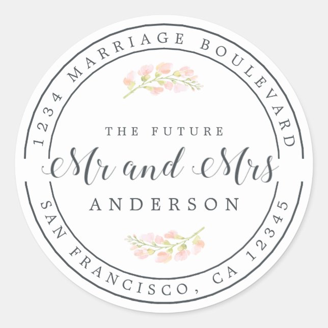 Sticker Rond Futur M. Mme Pink Floral Mariage Adresse de retour (Devant)