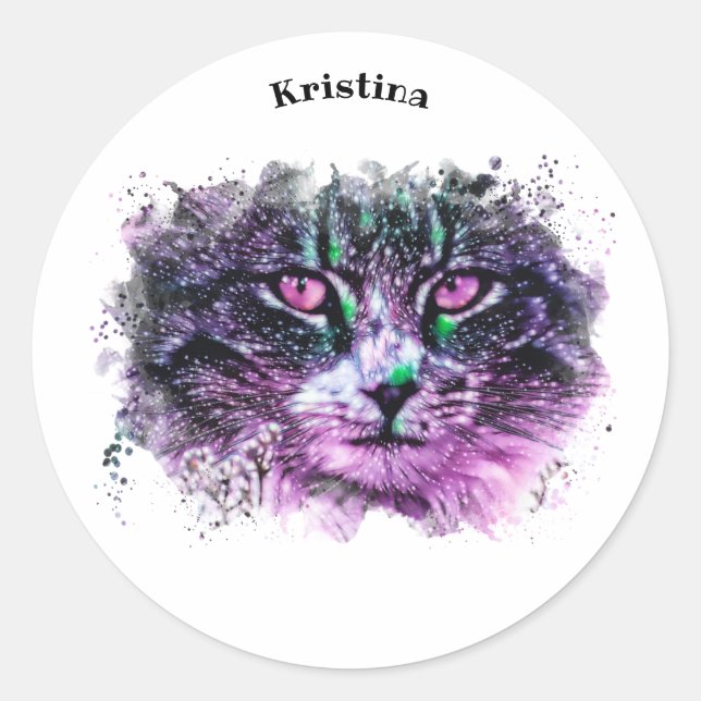 Sticker Rond Galaxy Chat noir violet vert Aquarelle numérique (Devant)