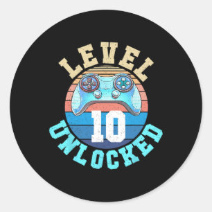 Sticker Rond Gamer Garçon Niveau 10 Déverrouillé Jeu vidéo 10e