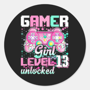 Sticker Rond Gamer Girl Level 13 Déverrouillé Jeu vidéo 13e nai