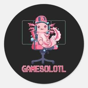 Sticker Rond Gamesolotl Axolotl Vidéo Gamer Kawaii Anime Jeu