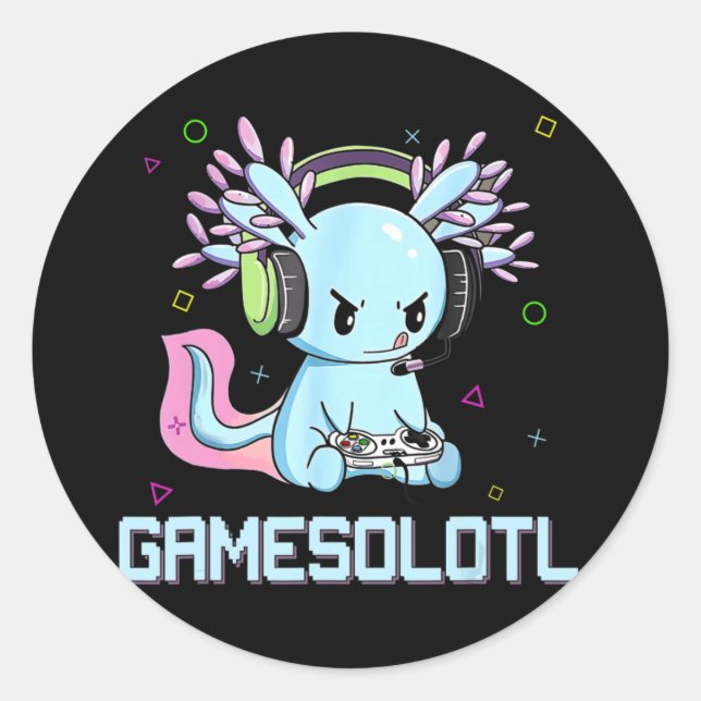 Sticker Rond Gamesolotl Cute Axolotl Vidéo Gamer Kawaii Anime B (Devant)