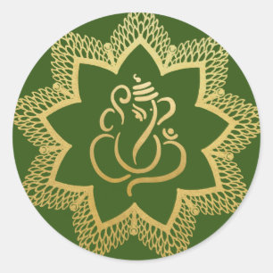 Sticker Rond Ganesh de fête doré   Dieu indien vert