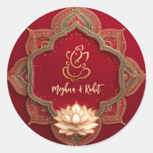 Sticker Rond Ganesh Dieu hindou Mariage indien or rouge