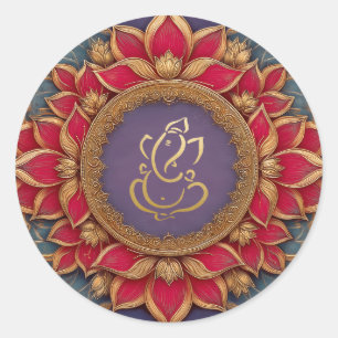 Sticker Rond Ganesh festif or   Dieu indien violet rose Lotus
