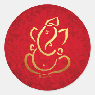 Sticker Rond Ganesh   Ganpati   Dieu indien Damas Rouge