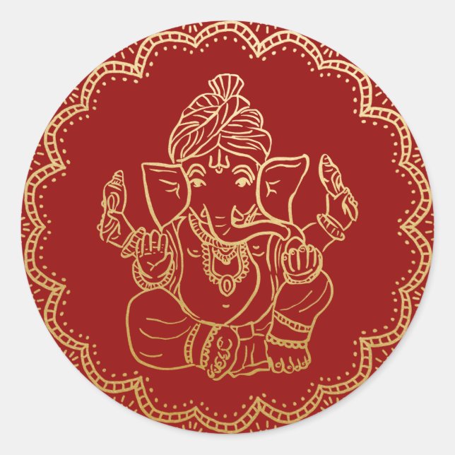 Sticker Rond Ganesha en or | Dieu indien Mariage Rouge (Devant)