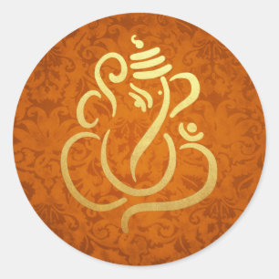 Sticker Rond Ganesha Festif Or Dieu Indien Damassé Orange