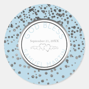 Sticker Rond Garçon Bleu Argent Personnalisé Faveur Religieuse