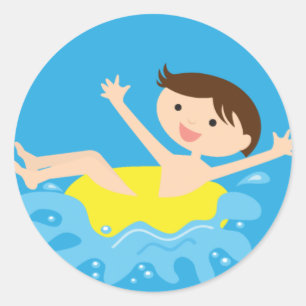 Sticker Rond Garçon de brune de réception au bord de la pisci