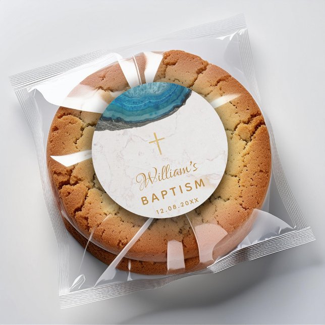 Sticker Rond Garçon de géode bleue baptême marbre blanc croix d (Créateur téléchargé)
