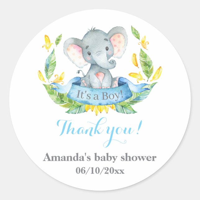 Sticker Rond Garçon Eléphant Bébé Douche Bleu Merci Favoriser (Devant)