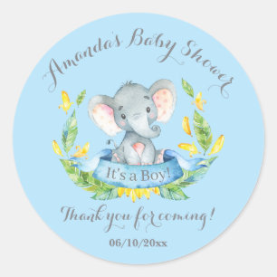 Sticker Rond Garçon Eléphant Bébé Douche Bleu Merci Favoriser