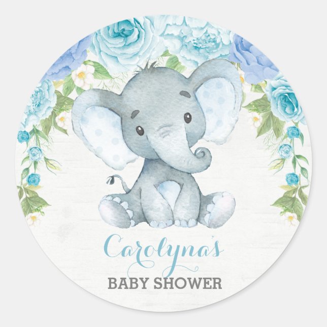 Sticker Rond Garçon Elephant bleu Rose Peony Baby shower Faveur (Devant)