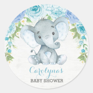 Sticker Rond Garçon Elephant bleu Rose Peony Baby shower Faveur