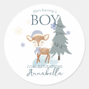 Sticker Rond Garçon Faon de Cerf Bébé Hiver Mignon