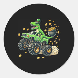 Sticker Rond Garçon Monster Truck T-rex St Patricks Day Dinosau