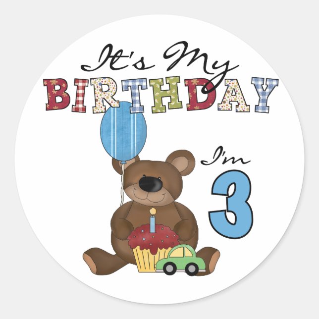Sticker Rond Garçon ours 3e anniversaire Tshirts et cadeaux (Devant)