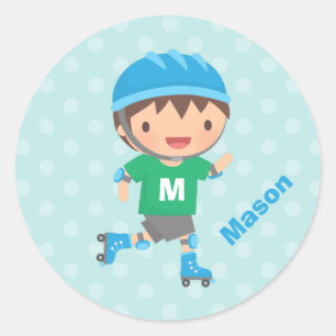 Sticker Rond Garçon Patineur à Roues Alignées Mignon Autocollan