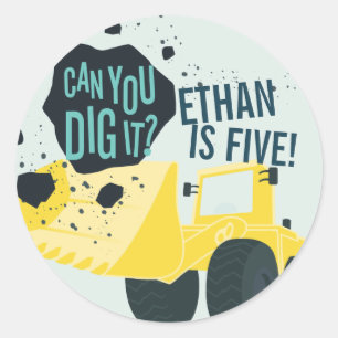 Sticker Rond Garçons Anniversaire Construction Camion Bleu Jaun