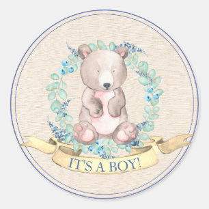 Sticker Rond Garçons Aquarelle Floral Baby Bear Baby shower