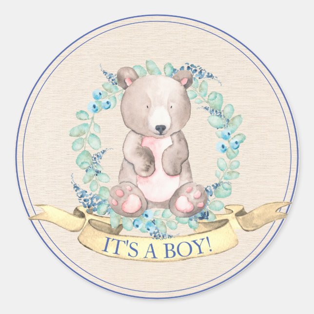 Sticker Rond Garçons Aquarelle Floral Baby Bear Baby shower (Devant)