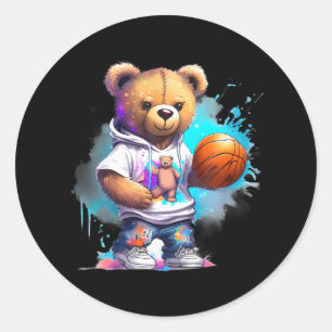 Sticker Rond Garçons Basketball Teddy Bear
