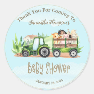 Sticker Rond Garçons Blue Green Farm Animaux Baby shower tracte