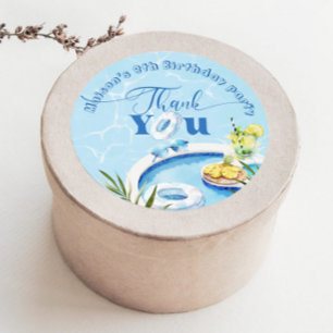 Sticker Rond Garçons piscine fête d'anniversaire bleu Merci