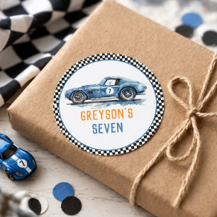 Sticker Rond Garçons Voiture de Course Bleue Cool Enfants Anniv