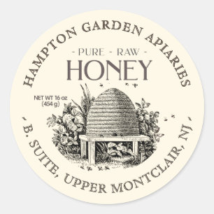 Sticker Rond Garden Skep avec petites abeilles Miel Jar Étiquet