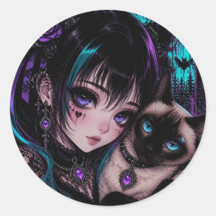 Sticker Rond Garder le contact   Fille Anime & Chat